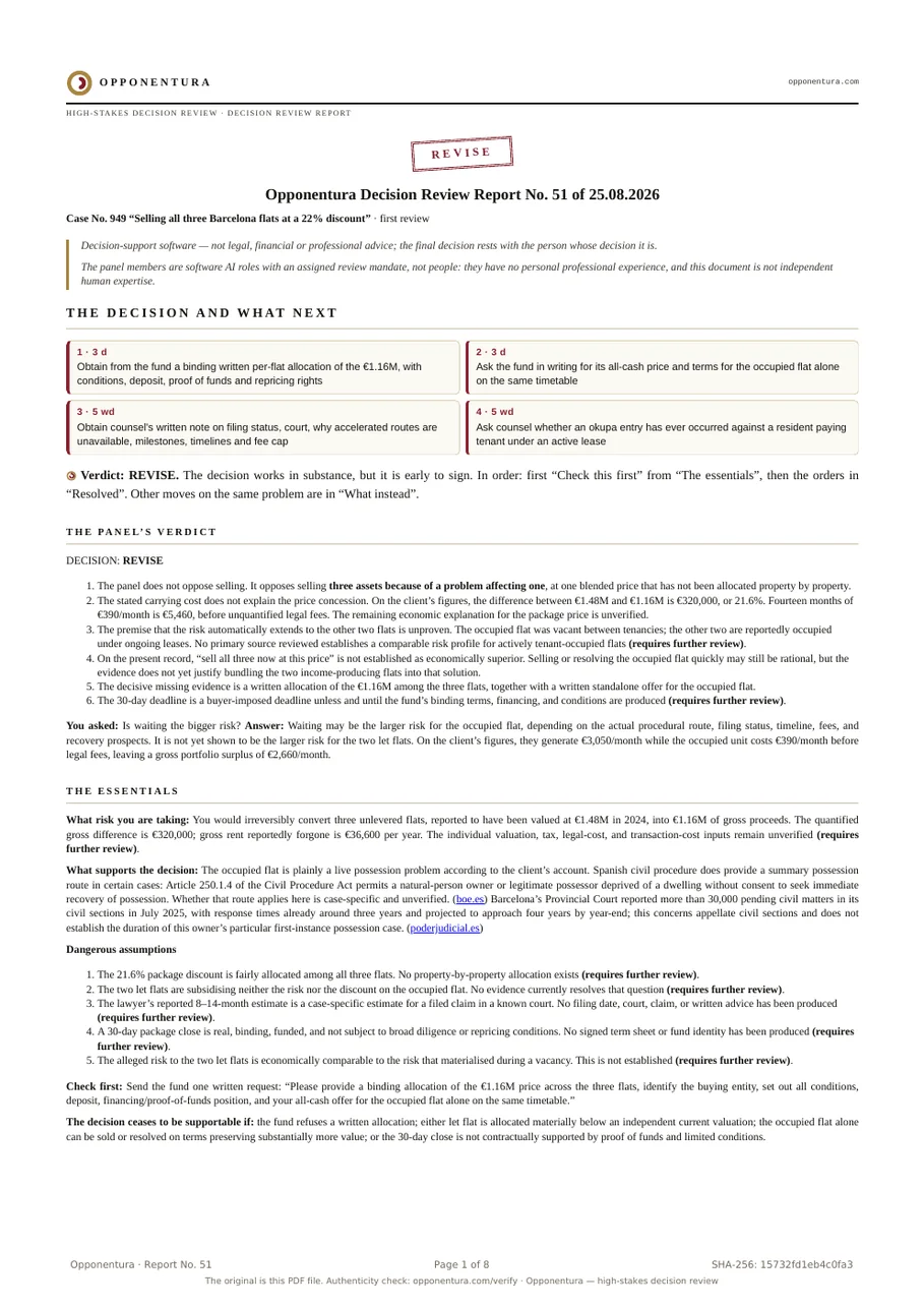 First page of report No. 51: the REVISE seal, the case number, the orders with deadlines, the panel’s verdict with its findings and the integrity hash in the footer